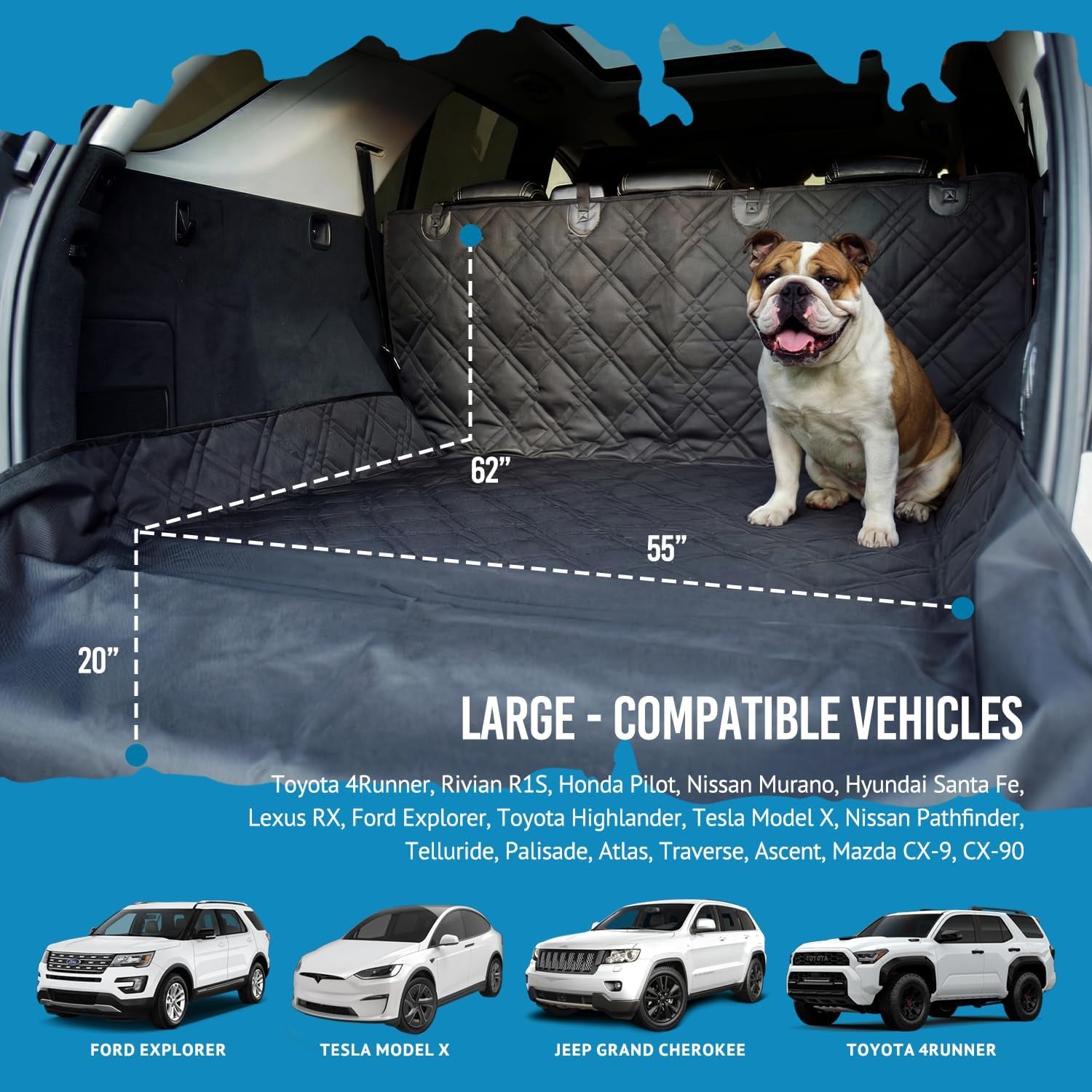 SUV Cargo Liner for Dogs 55"X82" Heavy Duty Pet Trunk Cargo Cover Area - Trunk Cover Car Protector for Dogs Waterproof Nonslip Mat - Dog Cargo Liner Suvs Vans Cars (Large, Black)
